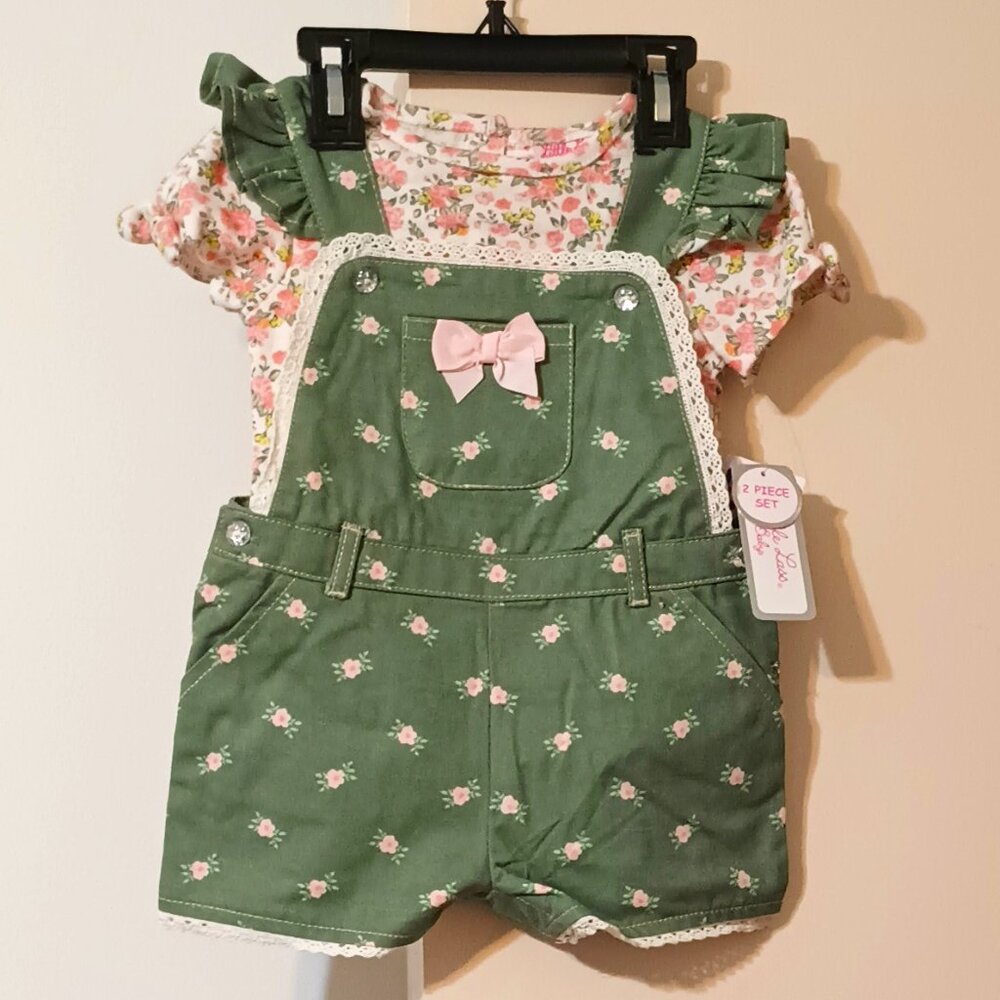 NWT~Little Lass Baby 2-Piece Floral Shirt Green Overall Short Outfit (24 Months)
